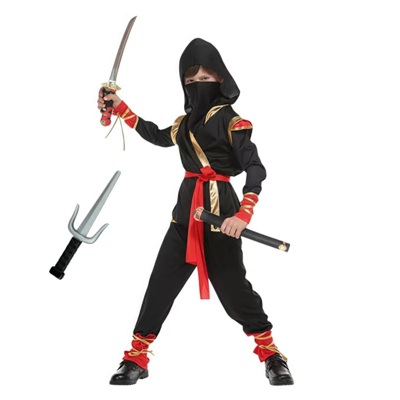 Kids Ninja Costume — Black & Red Samurai Assassin Outfit with Mask, Belt & Toy Weapons for Halloween