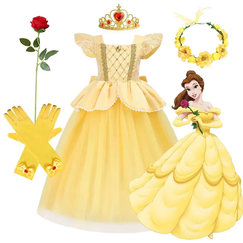 Belle Princess Dress for Girls — Yellow Ball Gown with Puff Sleeves & Elegant Details