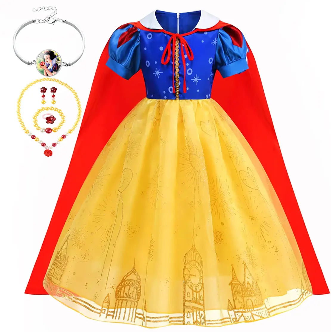 Snow White Princess Dress for Girls — Yellow Ball Gown, Blue & Red Cape, Cosplay Costume