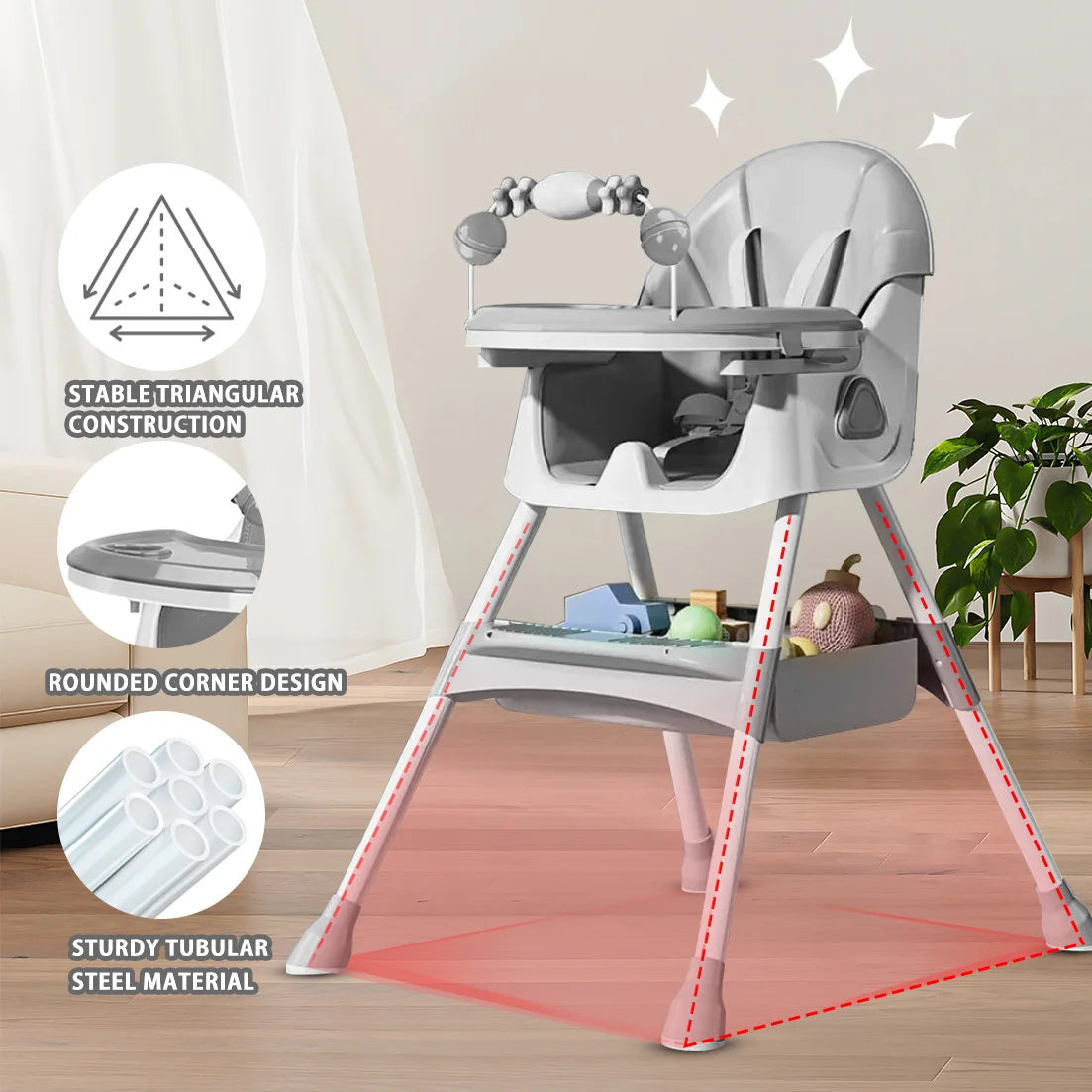 PetitWishes  Foldable Baby High Chair 6 Months Plus, with Large Antislip Pad & ToyRack, Easy to Clean Feeding , E500