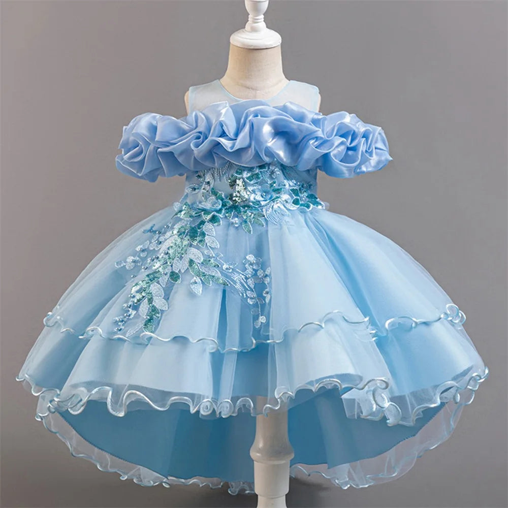 Flower Girl Party Dress for Girls — Tulle Princess Gown, Sleeveless, Elegant Floral Design