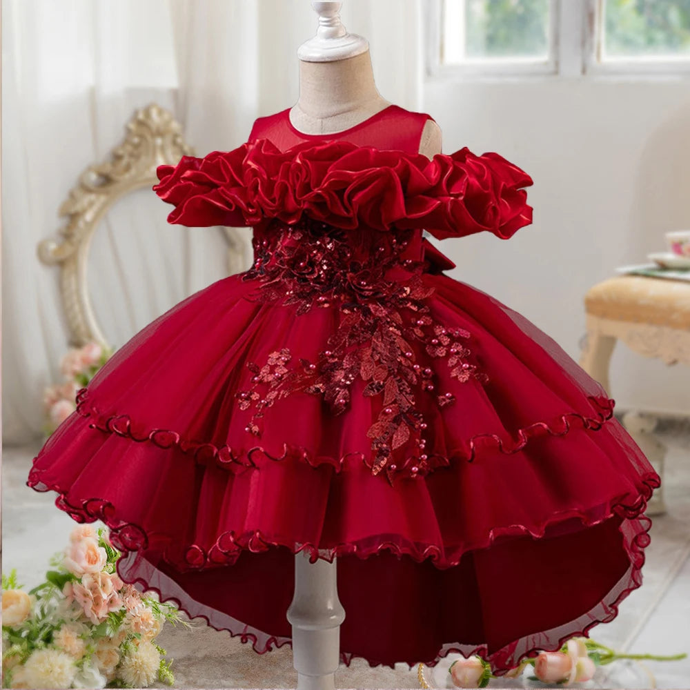 Flower Girl Party Dress for Girls — Tulle Princess Gown, Sleeveless, Elegant Floral Design