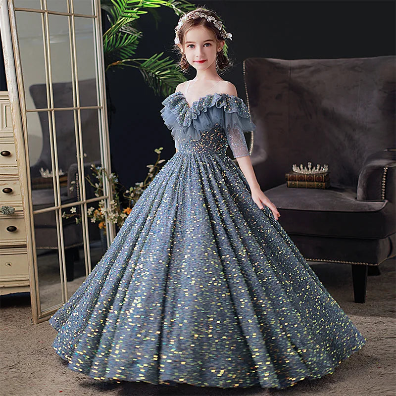 Tiny Cuddling Elegant Sequin Dress | Little Girls Puffy Long Prom Ball Gown Model Show Banquet Pageant Shiny Dress