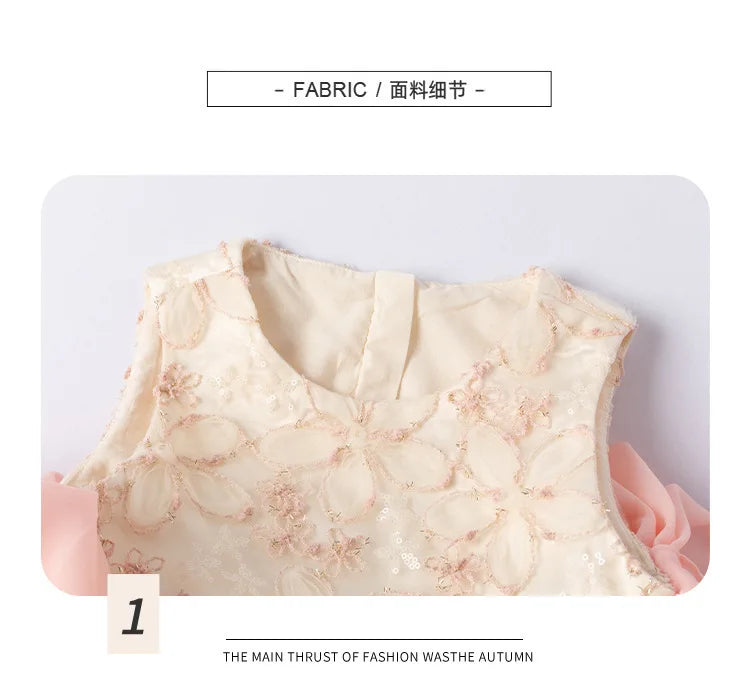 Girls' Sleeveless Lace Princess Dress — Elegant Patchwork Design with Bow Detail