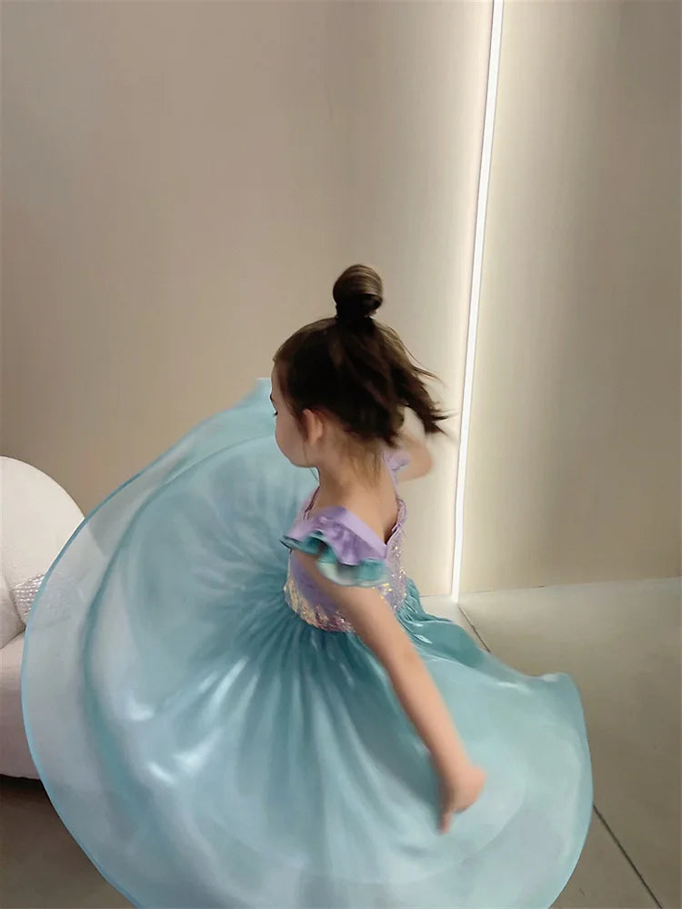 Little Mermaid Ariel Princess Dress for Girls — Sequin Bodice, Puffy Tulle Skirt, Cosplay & Party Costume