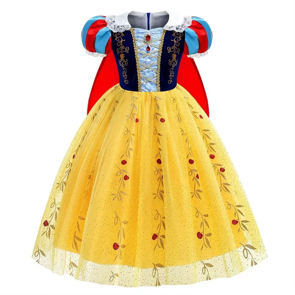 Snow White Princess Dress for Girls — Yellow Ball Gown, Blue & Red Cape, Cosplay Costume