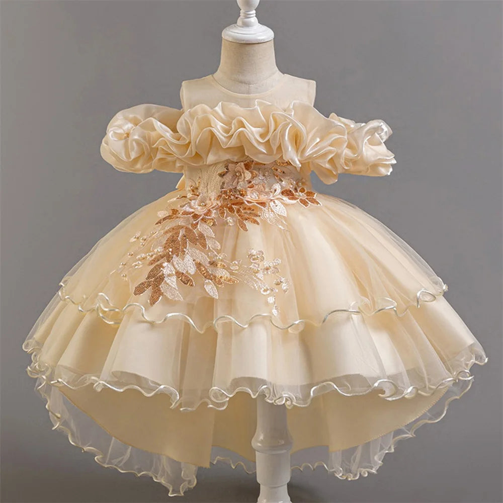 Flower Girl Party Dress for Girls — Tulle Princess Gown, Sleeveless, Elegant Floral Design