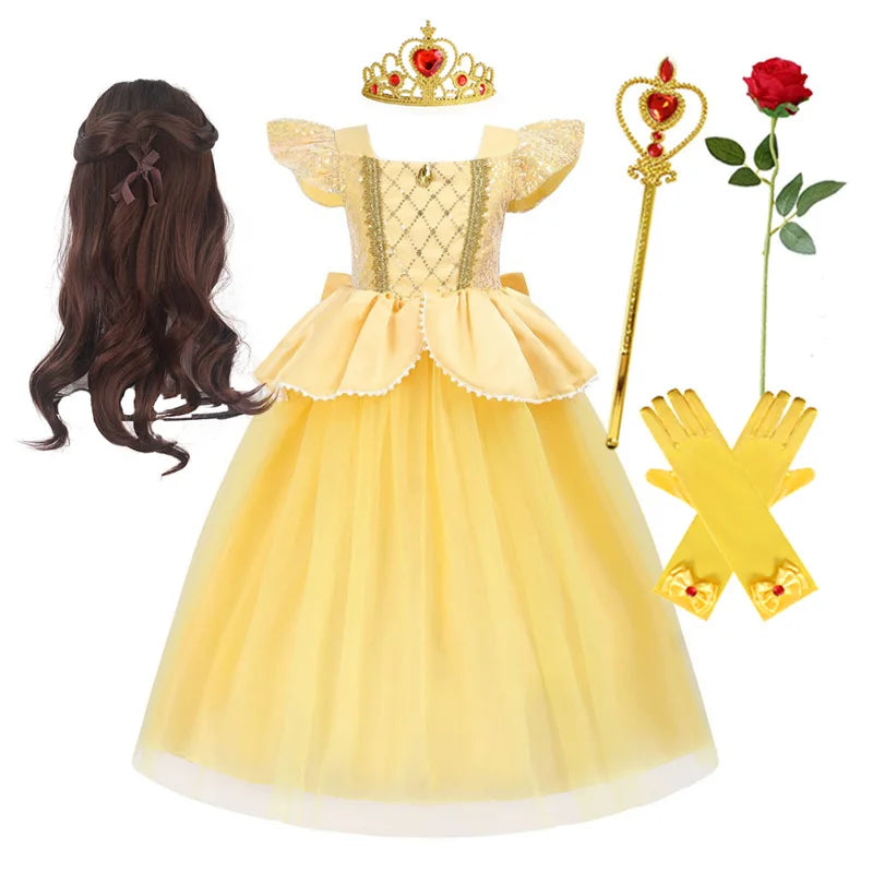 Belle Princess Dress for Girls — Yellow Ball Gown with Puff Sleeves & Elegant Details
