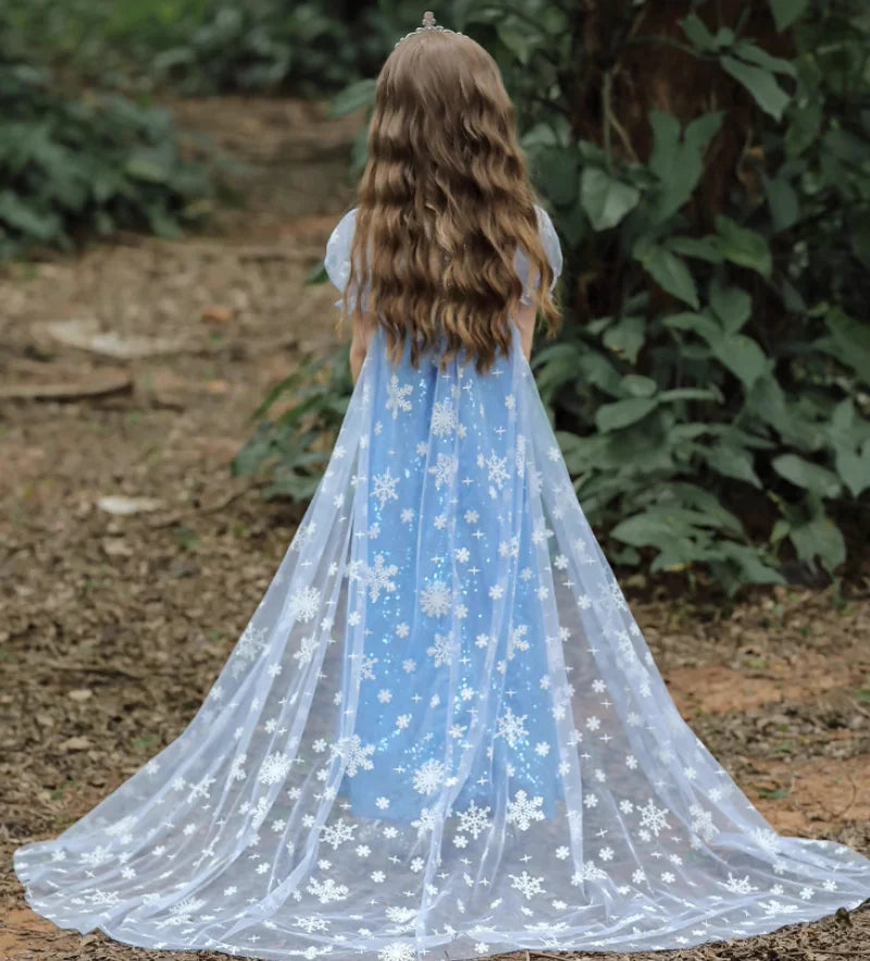 Elsa Princess Dress for Girls — Frozen Blue Sequin Gown with Cape
