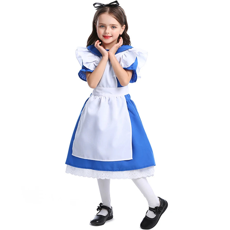 Alice in Wonderland Princess Dress for Girls — Blue Cosplay Costume with Apron, Puff Sleeves