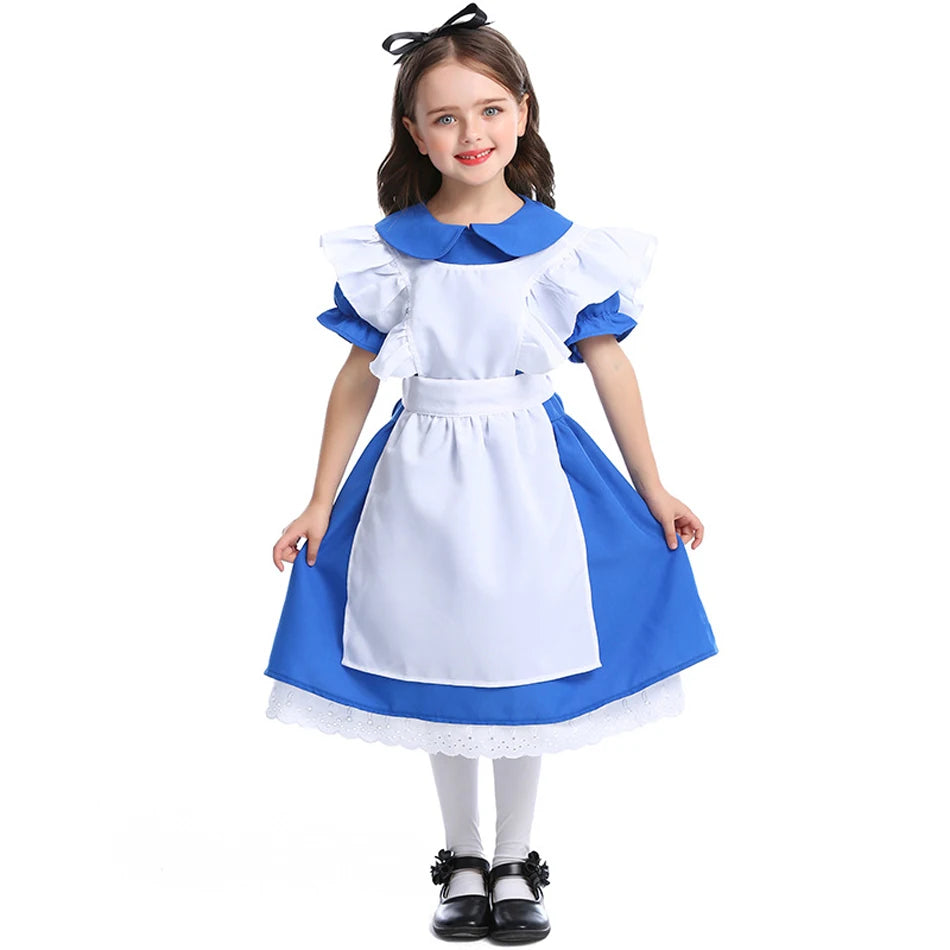 Alice in Wonderland Princess Dress for Girls — Blue Cosplay Costume with Apron, Puff Sleeves