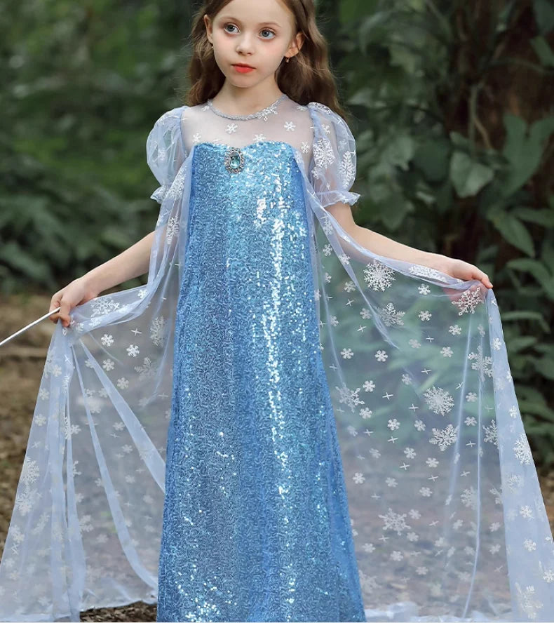 Elsa Princess Dress for Girls — Frozen Blue Sequin Gown with Cape