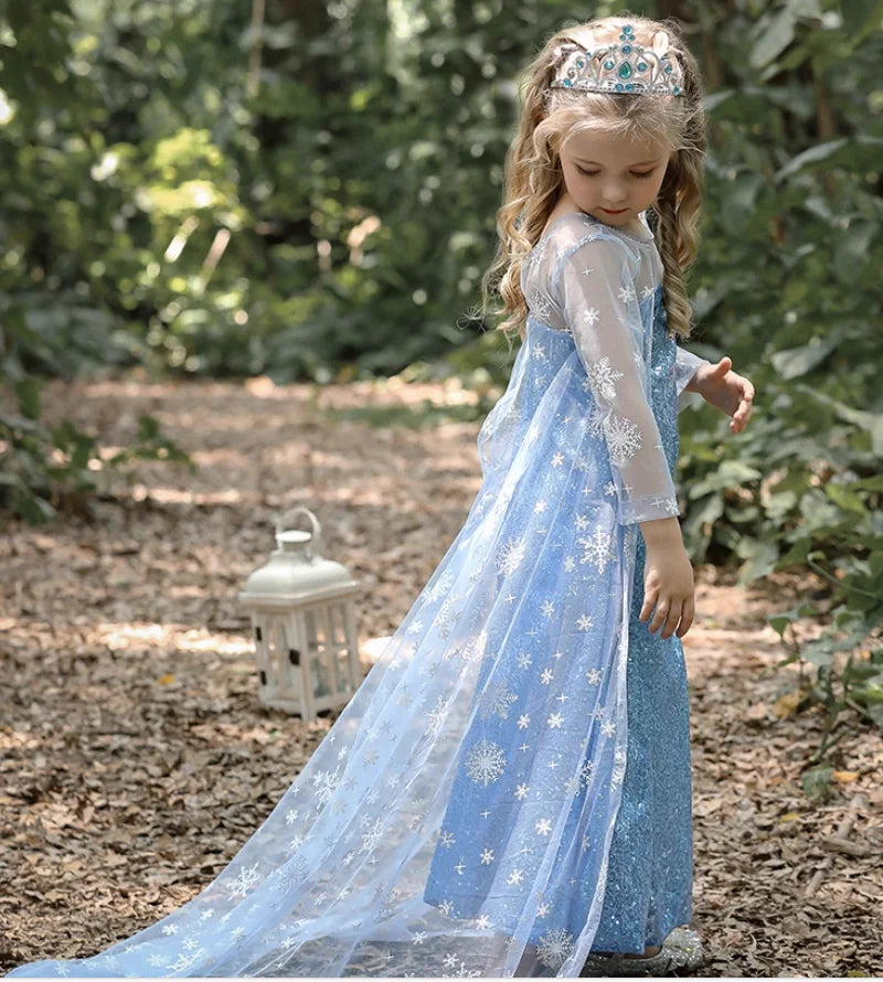Elsa Princess Dress for Girls — Frozen Blue Sequin Gown with Cape