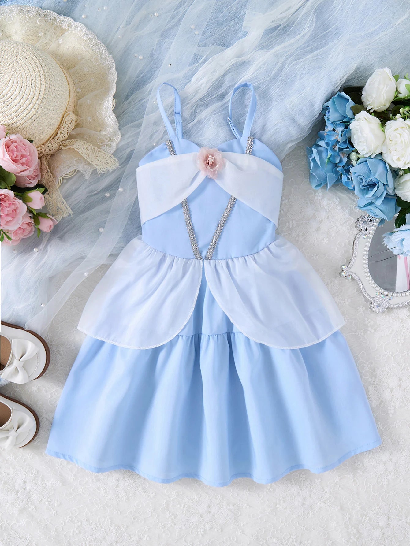 Kids Blue Cinderella Princess Dress — Sleeveless A-Line Summer Party Outfit