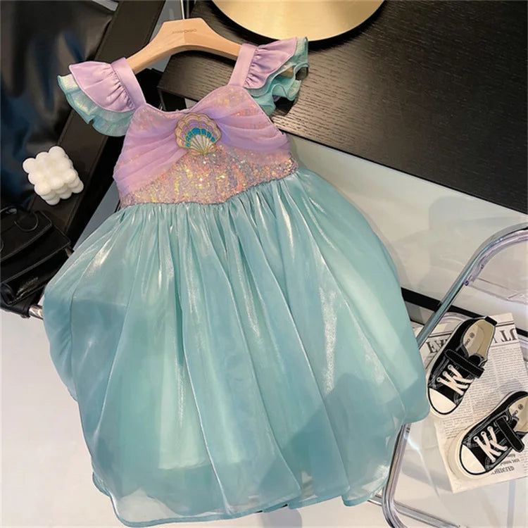 Little Mermaid Ariel Princess Dress for Girls — Sequin Bodice, Puffy Tulle Skirt, Cosplay & Party Costume
