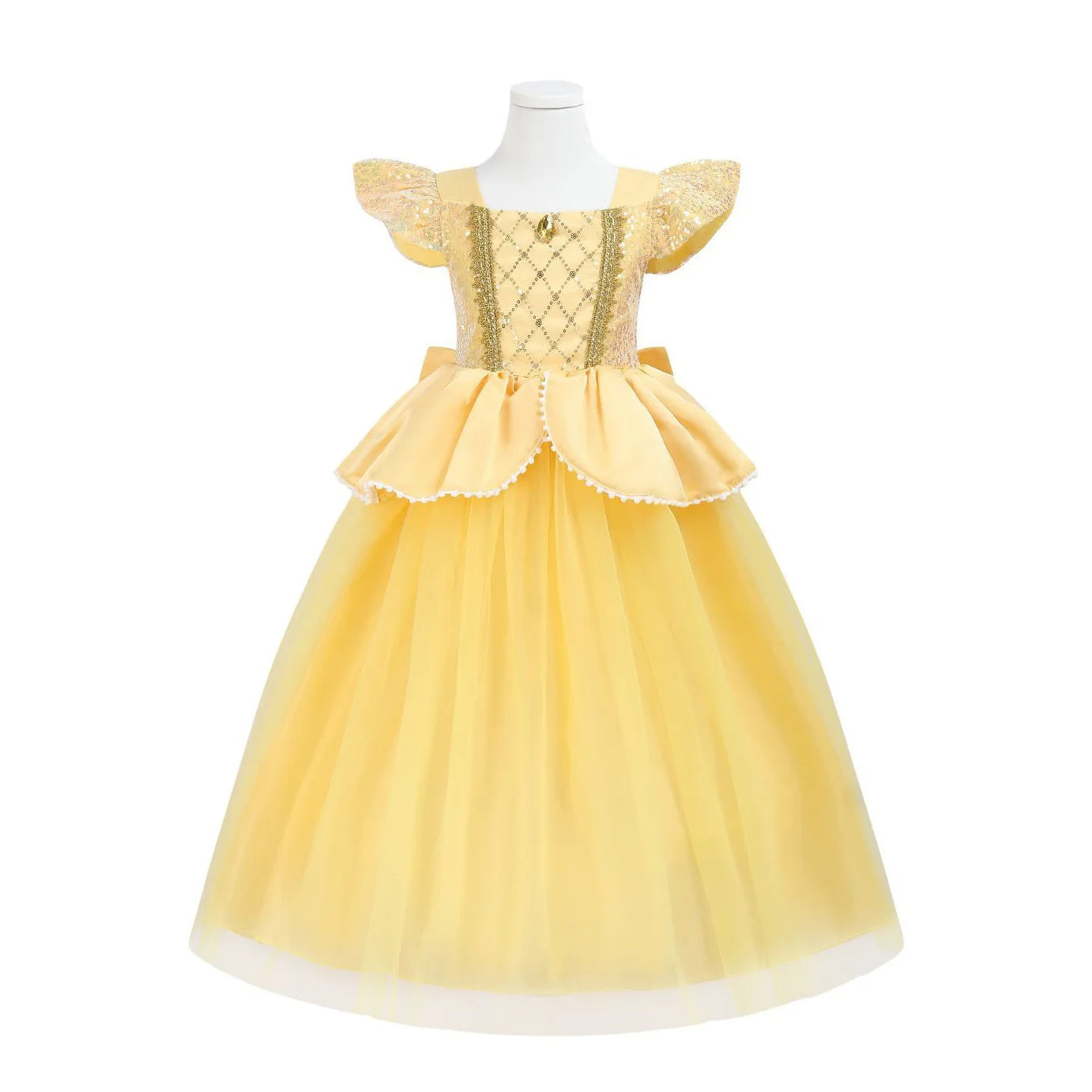 Belle Princess Dress for Girls — Yellow Ball Gown with Puff Sleeves & Elegant Details
