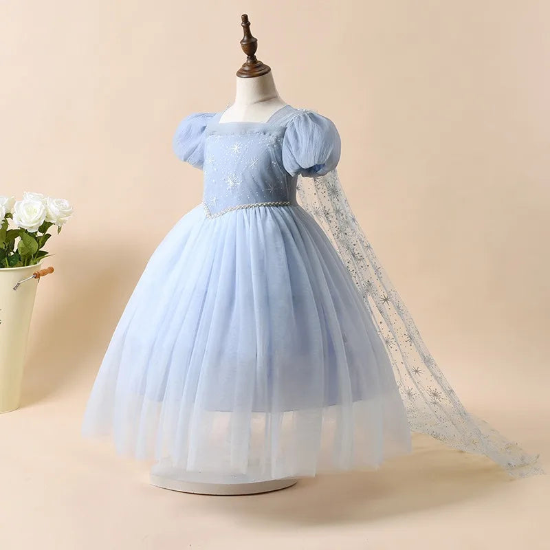 Blue Princess Dress for Girls — Short Sleeve, Pleated Tulle, Ankle-Length