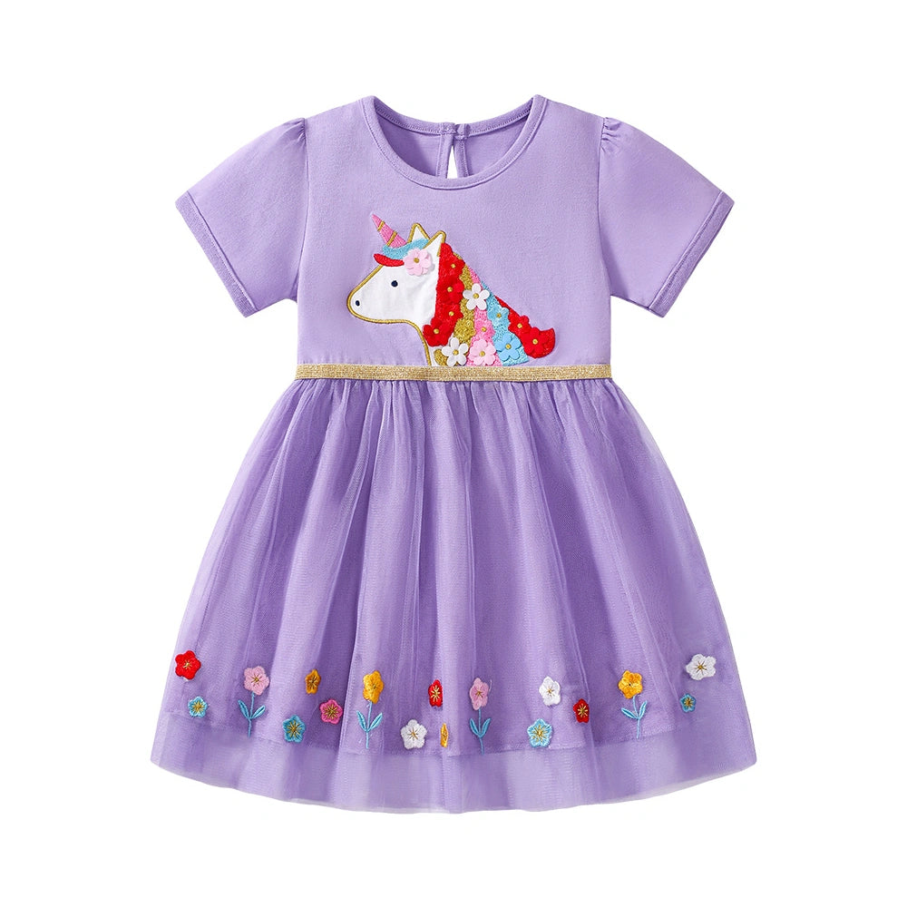 Tiny Cuddling Girls' Purple Pony Mesh Dress 鈥?Spring/Summer