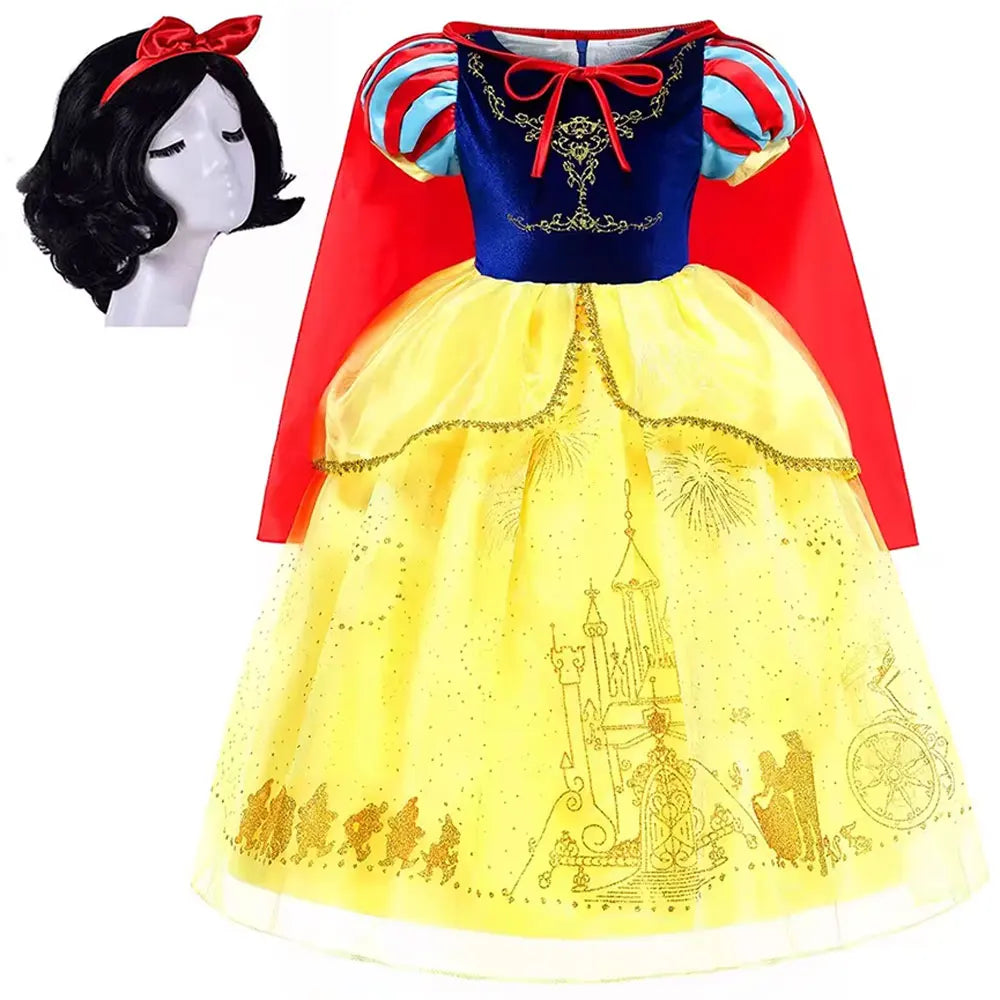 Snow White Princess Dress for Girls — Yellow Ball Gown, Blue & Red Cape, Cosplay Costume