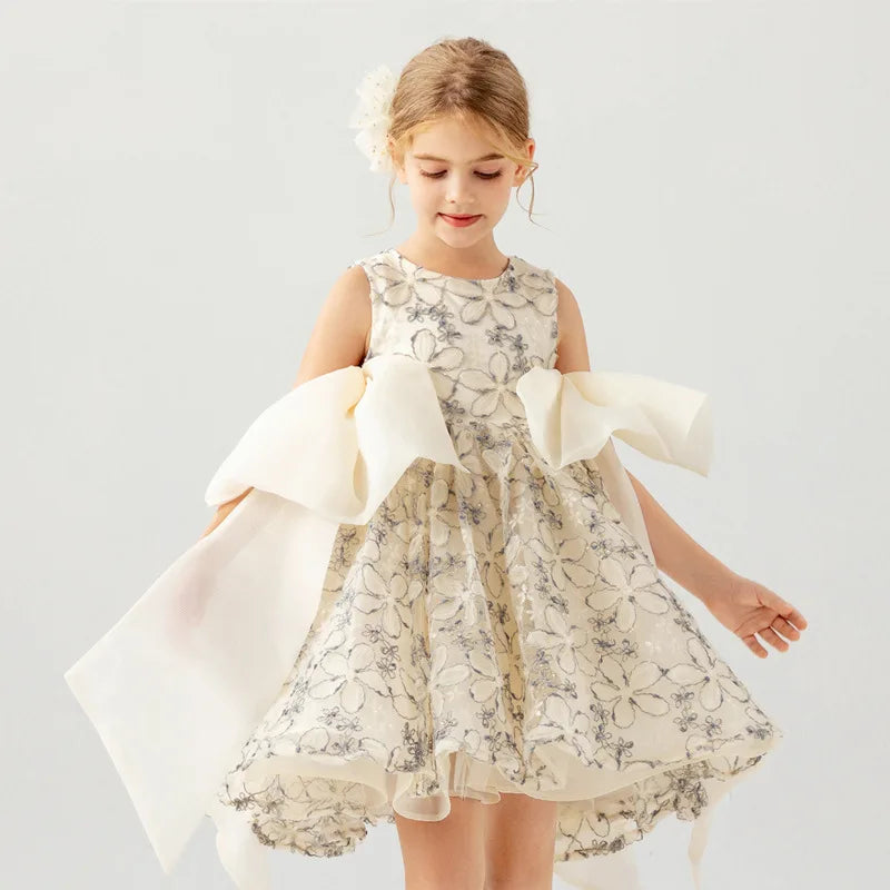 Girls' Sleeveless Lace Princess Dress — Elegant Patchwork Design with Bow Detail