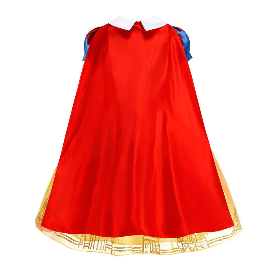 Snow White Princess Dress for Girls — Yellow Ball Gown, Blue & Red Cape, Cosplay Costume
