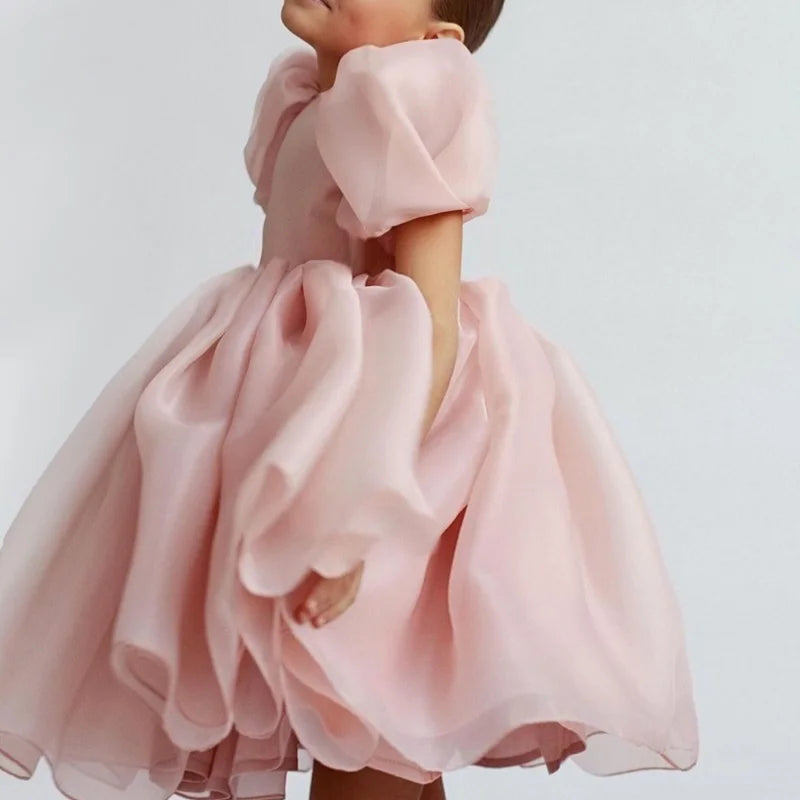 Girls Princess Dress with Puffed Sleeves — A-Line Tulle Birthday Party Outfit