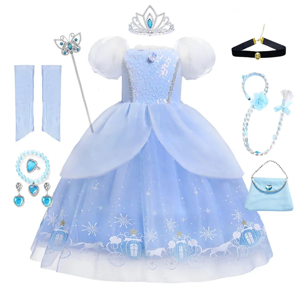 Cinderella Princess Dress for Girls — Blue Ball Gown with Puff Sleeves & Sequin Details