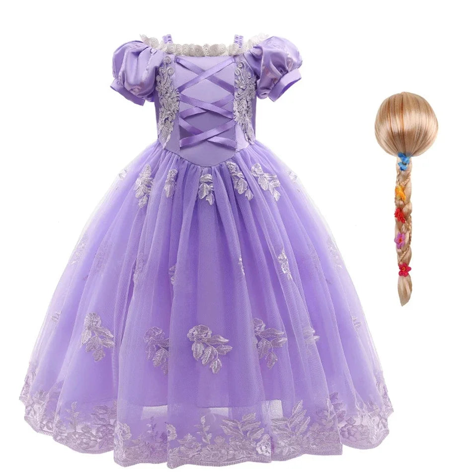 Aurora & Rapunzel Princess Dress for Girls — Puff Sleeve, Tulle, Mid-Calf Cosplay Gown