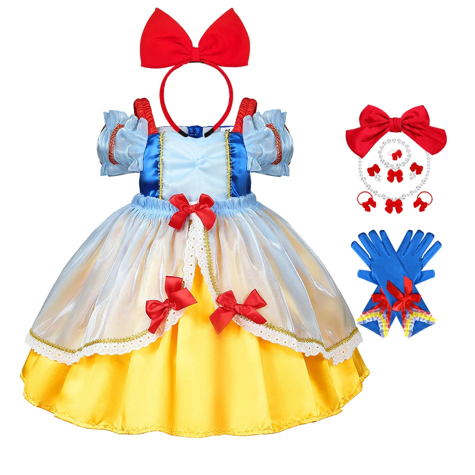 Snow White Princess Dress for Girls — Puffy Ball Gown with Bow & Short Sleeves