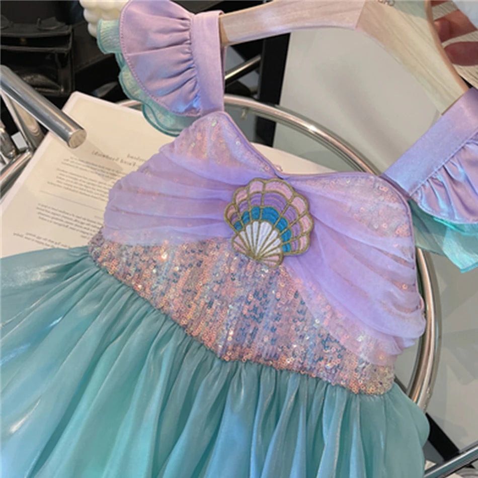 Little Mermaid Ariel Princess Dress for Girls — Sequin Bodice, Puffy Tulle Skirt, Cosplay & Party Costume