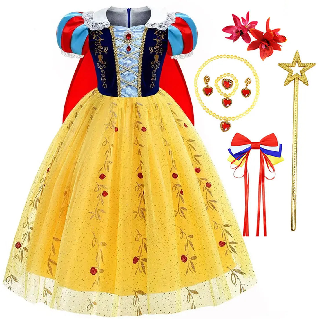 Snow White Princess Dress for Girls — Yellow Ball Gown, Blue & Red Cape, Cosplay Costume