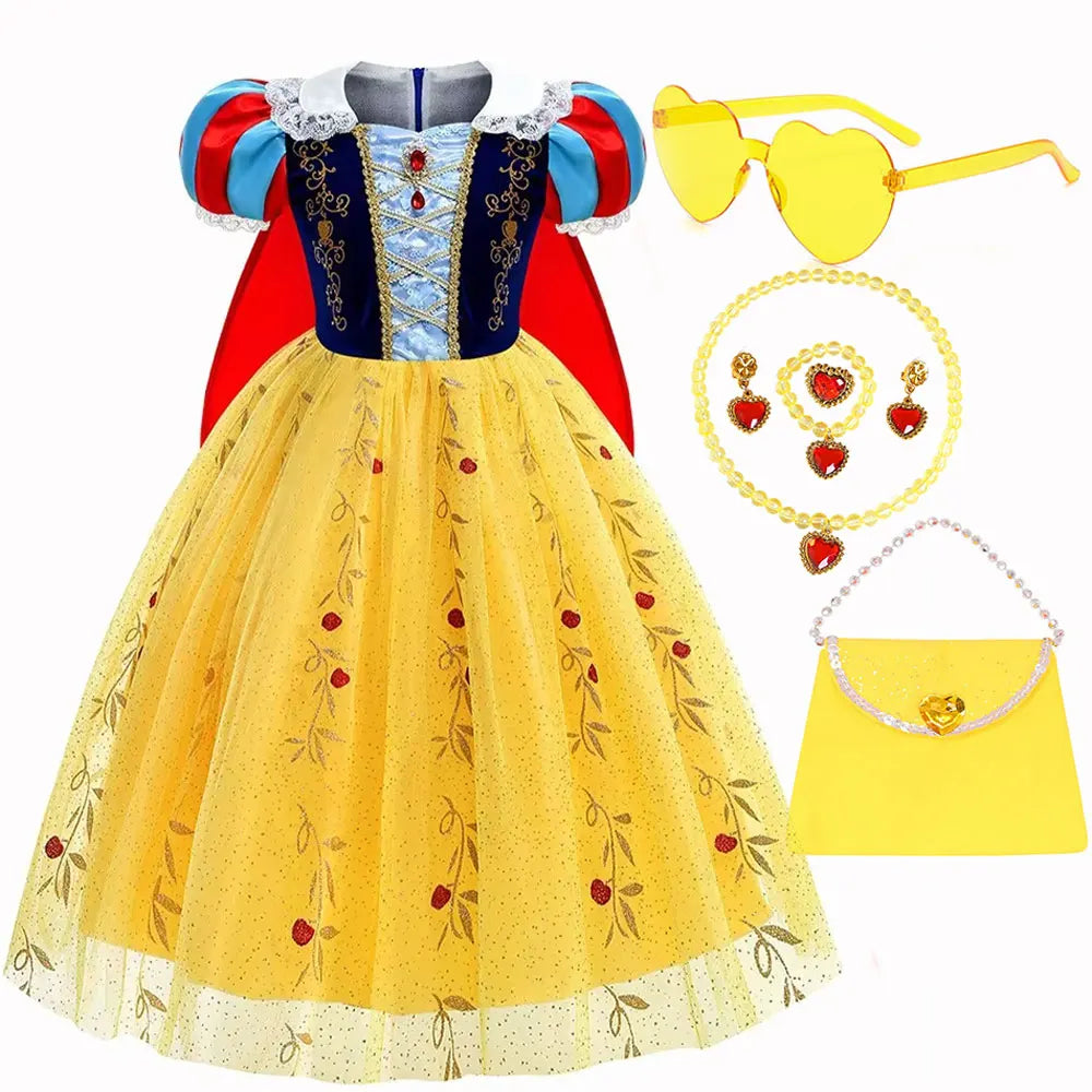 Snow White Princess Dress for Girls — Yellow Ball Gown, Blue & Red Cape, Cosplay Costume