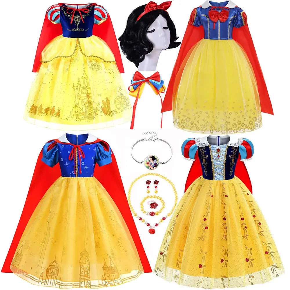 Snow White Princess Dress for Girls — Yellow Ball Gown, Blue & Red Cape, Cosplay Costume