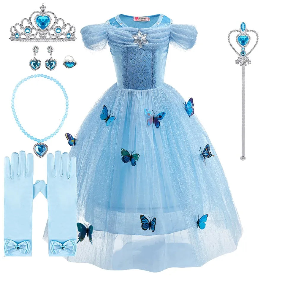 Encanto & Cinderella-Inspired Blue Princess Dress for Girls — Tulle, Embroidery, Sequins, Party-Ready