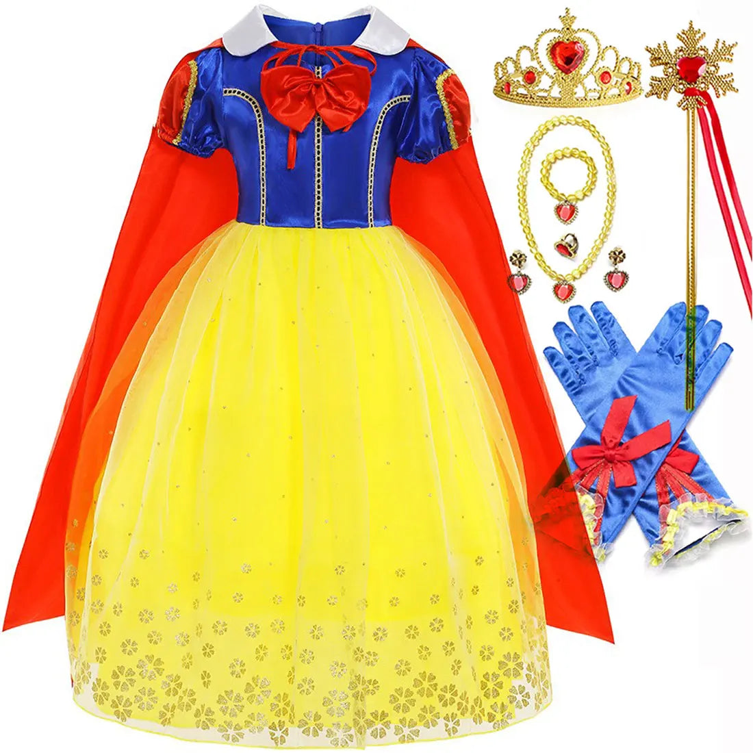 Snow White Princess Dress for Girls — Yellow Ball Gown, Blue & Red Cape, Cosplay Costume