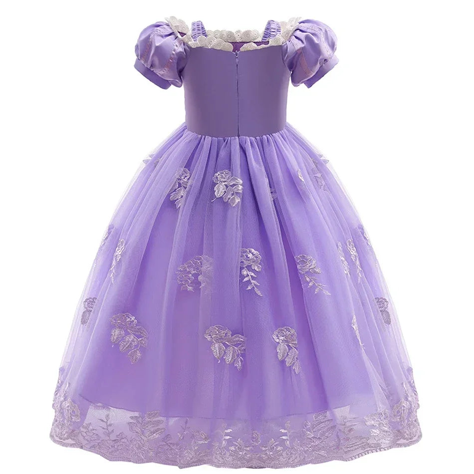 Aurora & Rapunzel Princess Dress for Girls — Puff Sleeve, Tulle, Mid-Calf Cosplay Gown