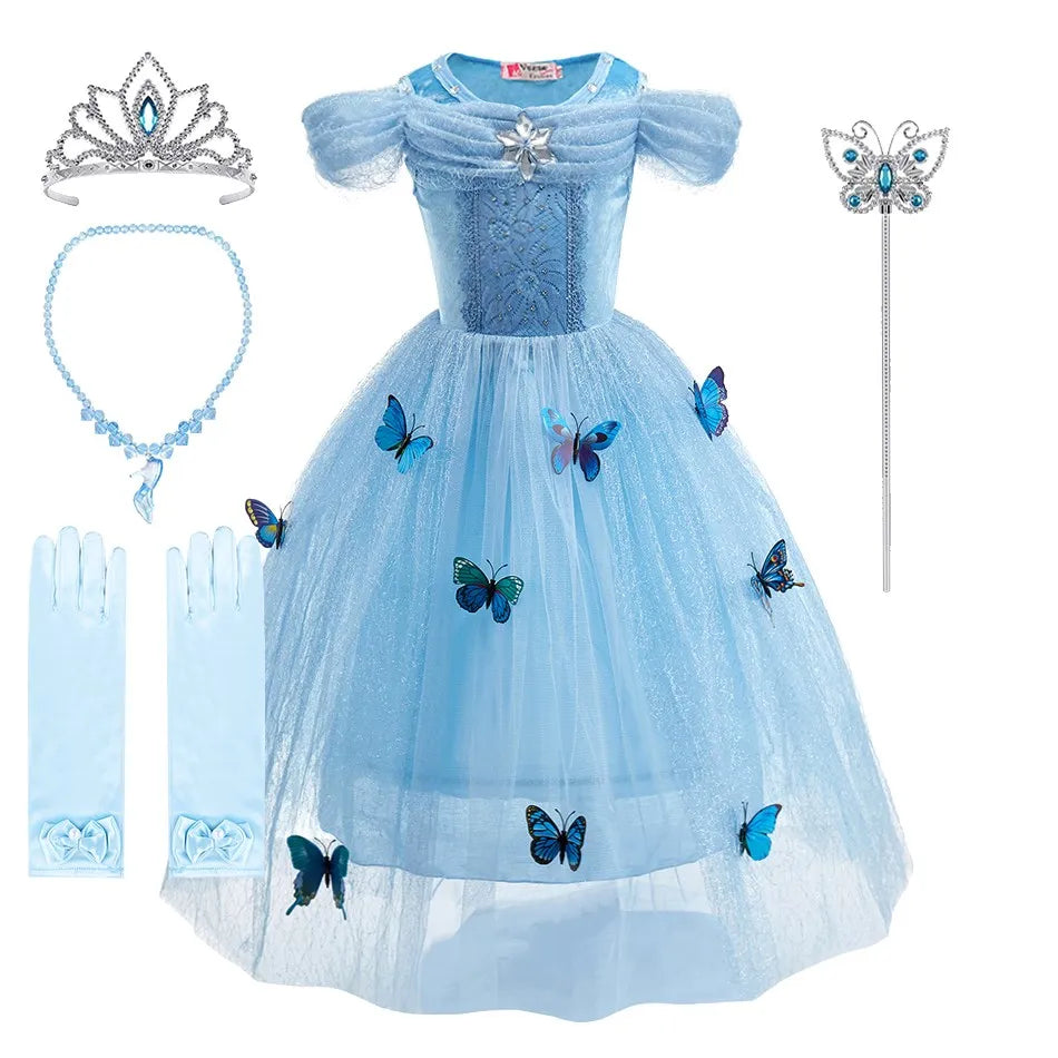 Encanto & Cinderella-Inspired Blue Princess Dress for Girls — Tulle, Embroidery, Sequins, Party-Ready