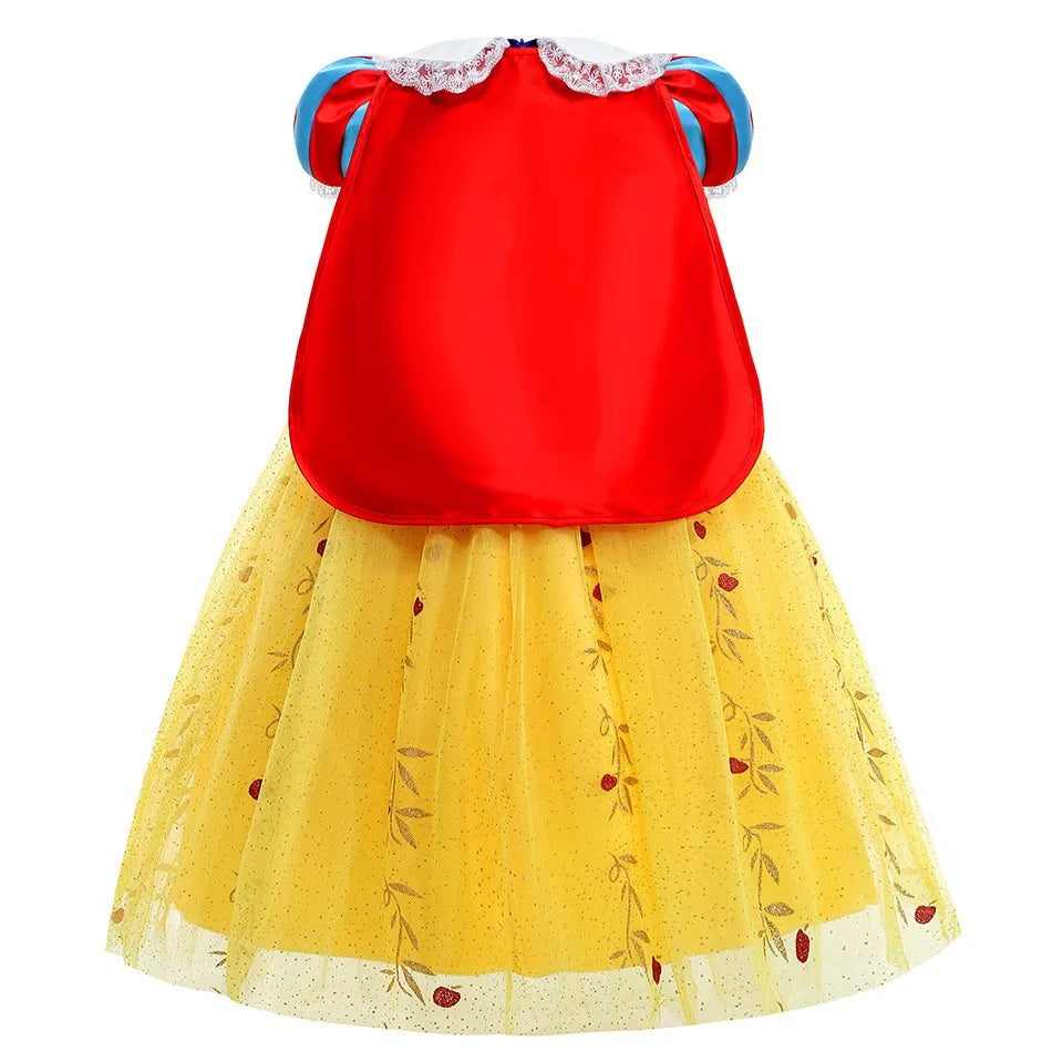 Snow White Princess Dress for Girls — Yellow Ball Gown, Blue & Red Cape, Cosplay Costume