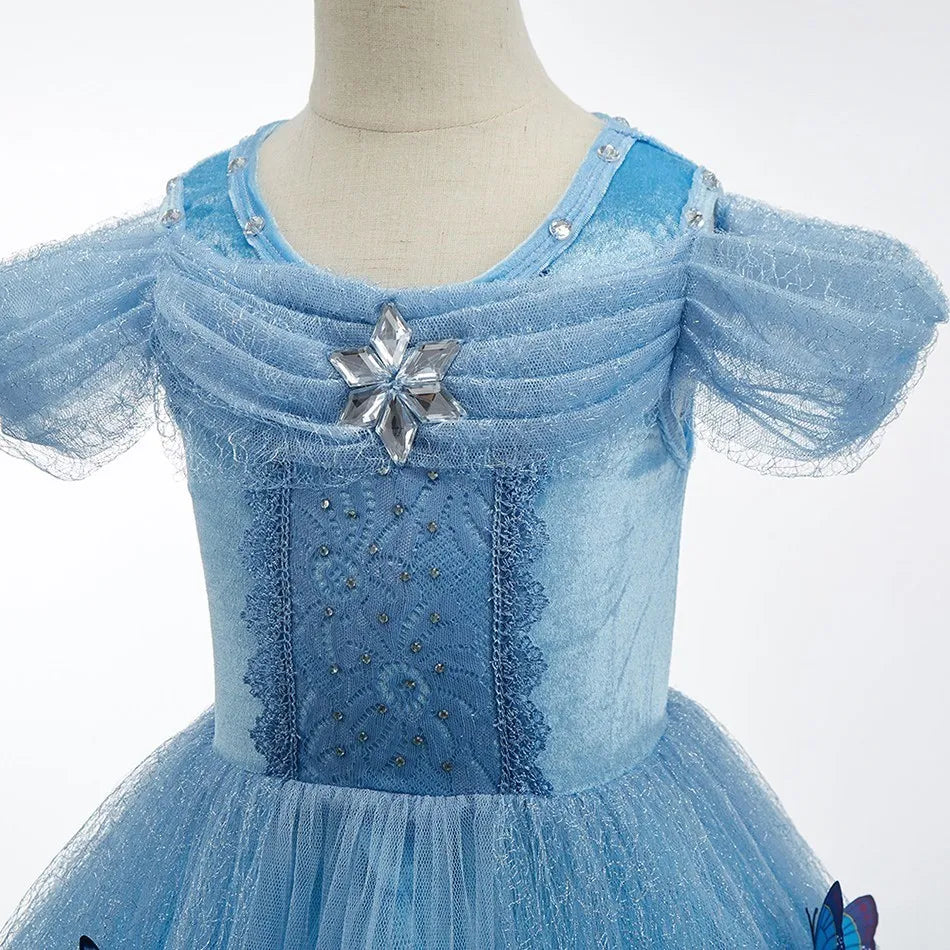 Encanto & Cinderella-Inspired Blue Princess Dress for Girls — Tulle, Embroidery, Sequins, Party-Ready