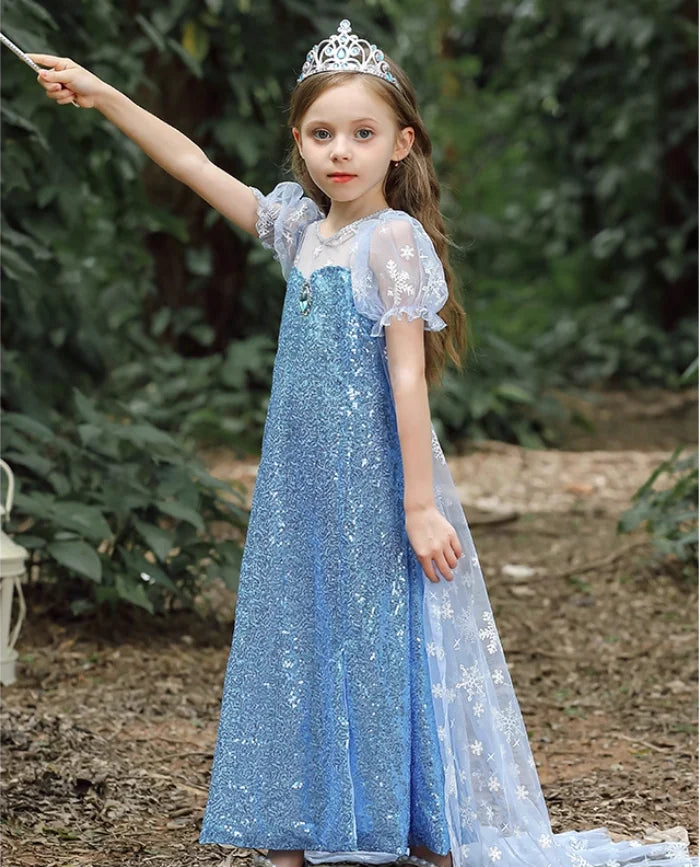 Elsa Princess Dress for Girls — Frozen Blue Sequin Gown with Cape