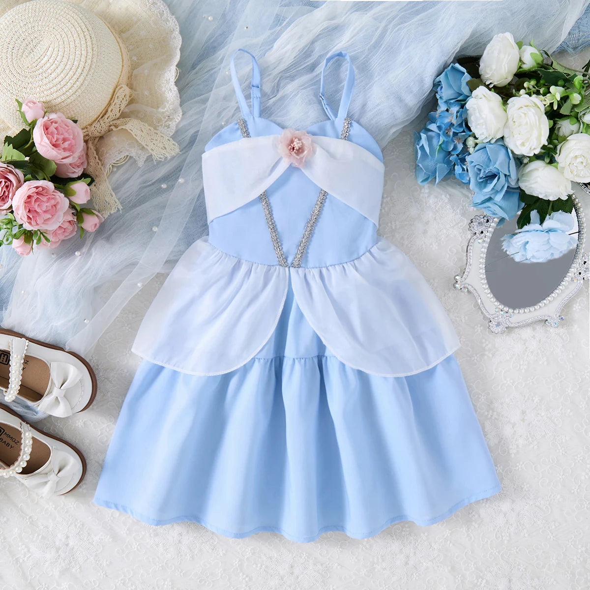 Kids Blue Cinderella Princess Dress — Sleeveless A-Line Summer Party Outfit