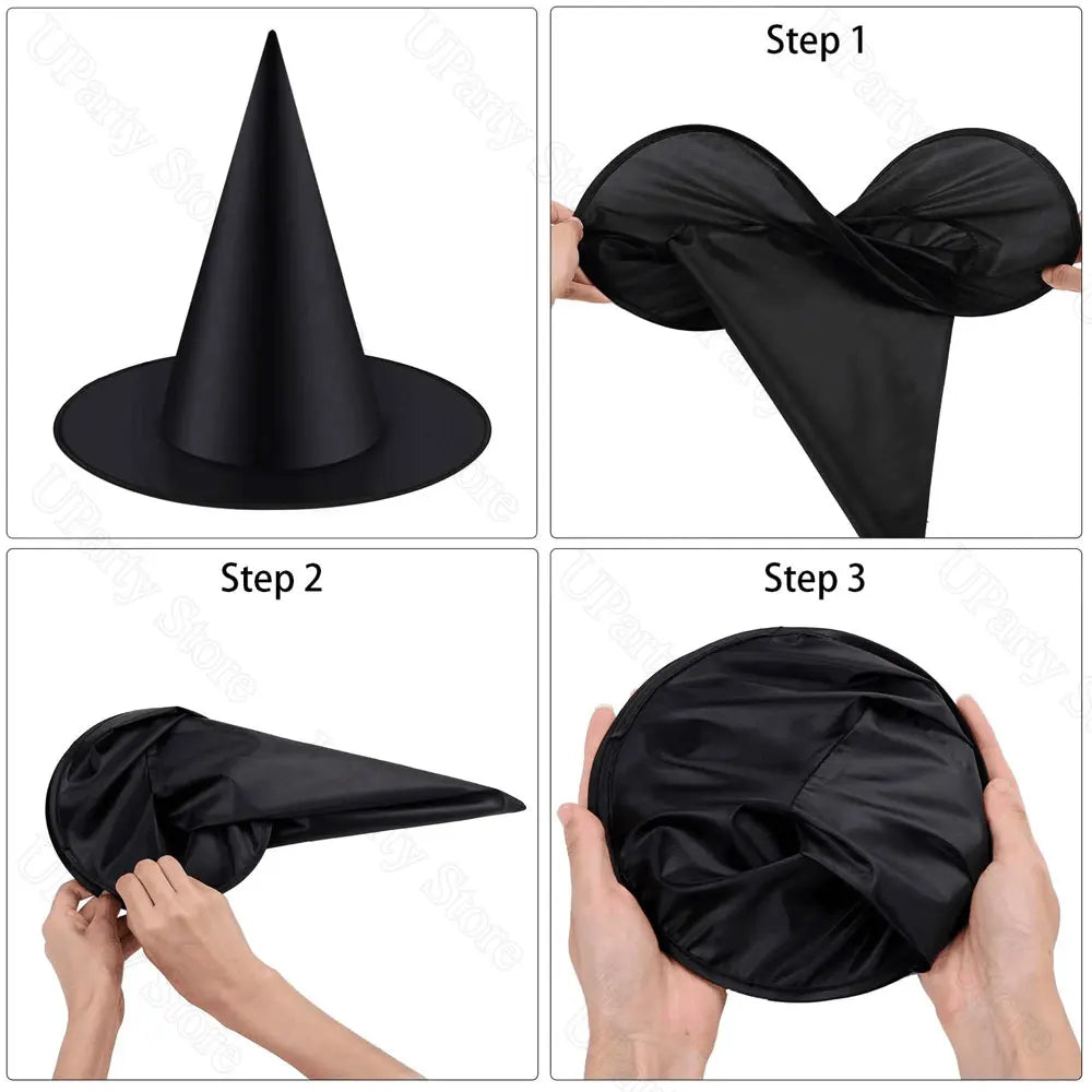 Halloween Hanging Witches Hats — 6/12 Pack with 40m Rope, Black Wizard Hats for Party & Outdoor Decoration