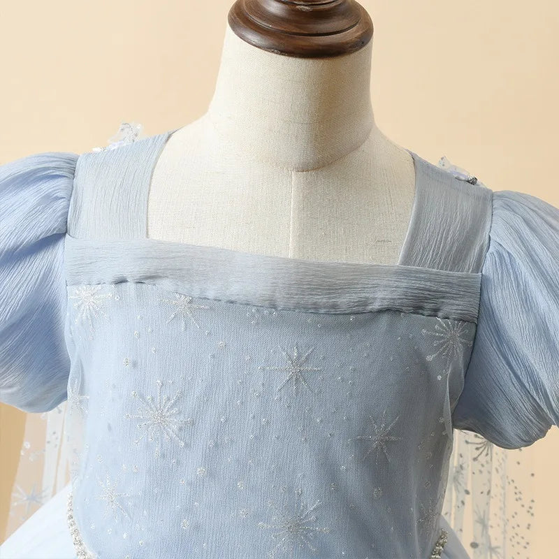 Blue Princess Dress for Girls — Short Sleeve, Pleated Tulle, Ankle-Length