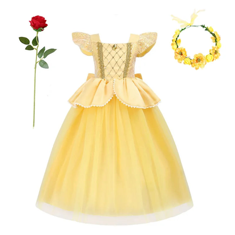 Belle Princess Dress for Girls — Yellow Ball Gown with Puff Sleeves & Elegant Details