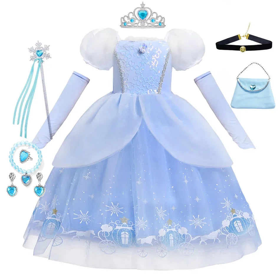 Cinderella Princess Dress for Girls — Blue Ball Gown with Puff Sleeves & Sequin Details