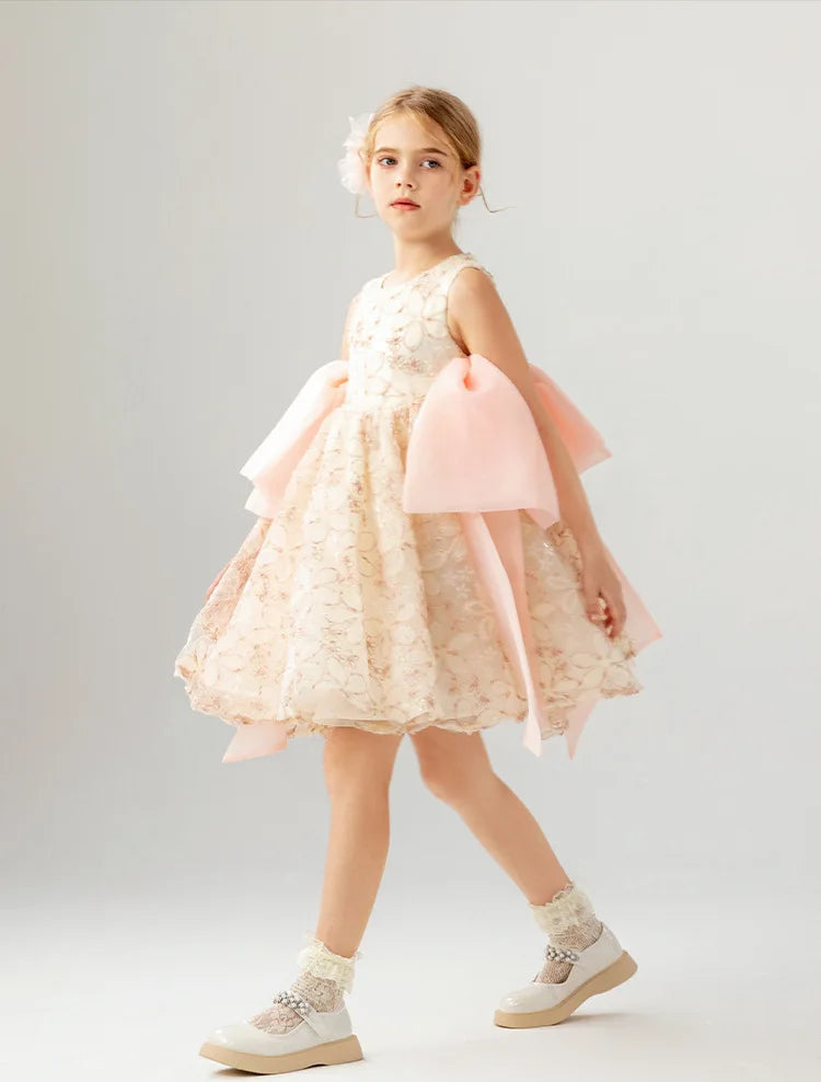 Girls' Sleeveless Lace Princess Dress — Elegant Patchwork Design with Bow Detail