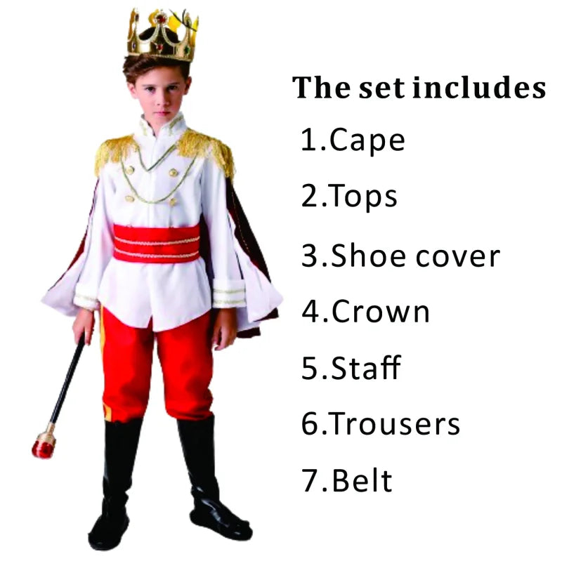 Boys Royal Prince Costume — Medieval King Outfit with Crown, Cape & Full Accessories Set
