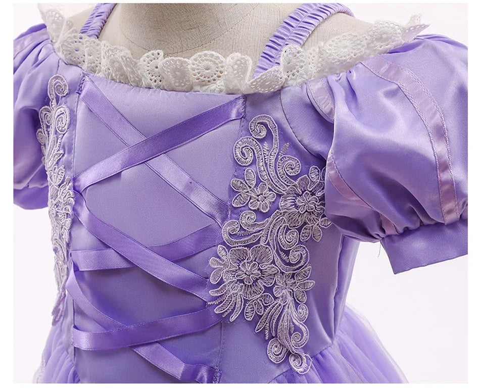 Aurora & Rapunzel Princess Dress for Girls — Puff Sleeve, Tulle, Mid-Calf Cosplay Gown