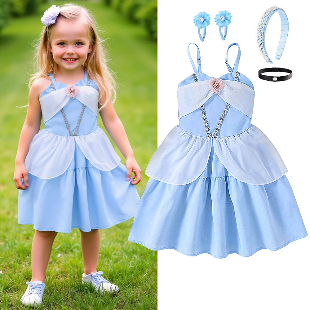 Kids Blue Cinderella Princess Dress — Sleeveless A-Line Summer Party Outfit