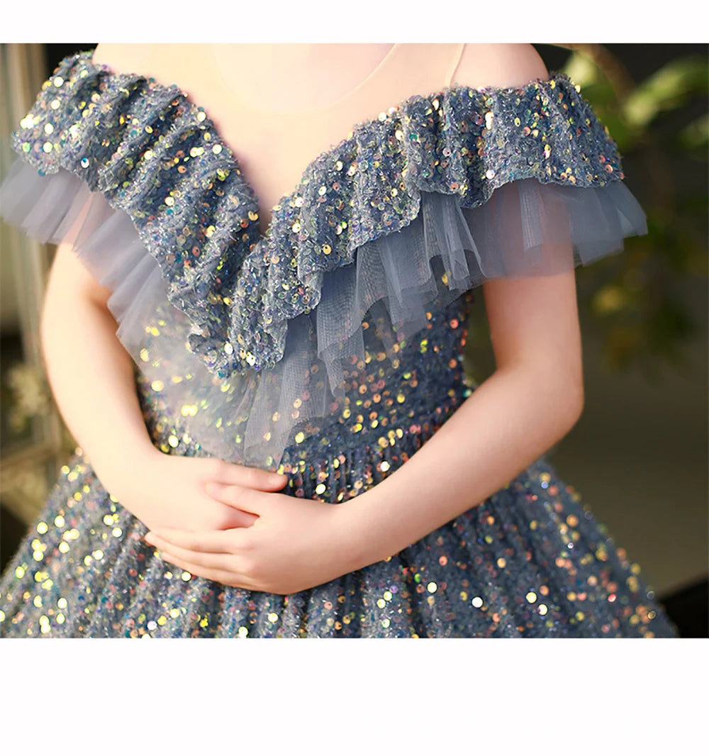 Tiny Cuddling Elegant Sequin Dress | Little Girls Puffy Long Prom Ball Gown Model Show Banquet Pageant Shiny Dress